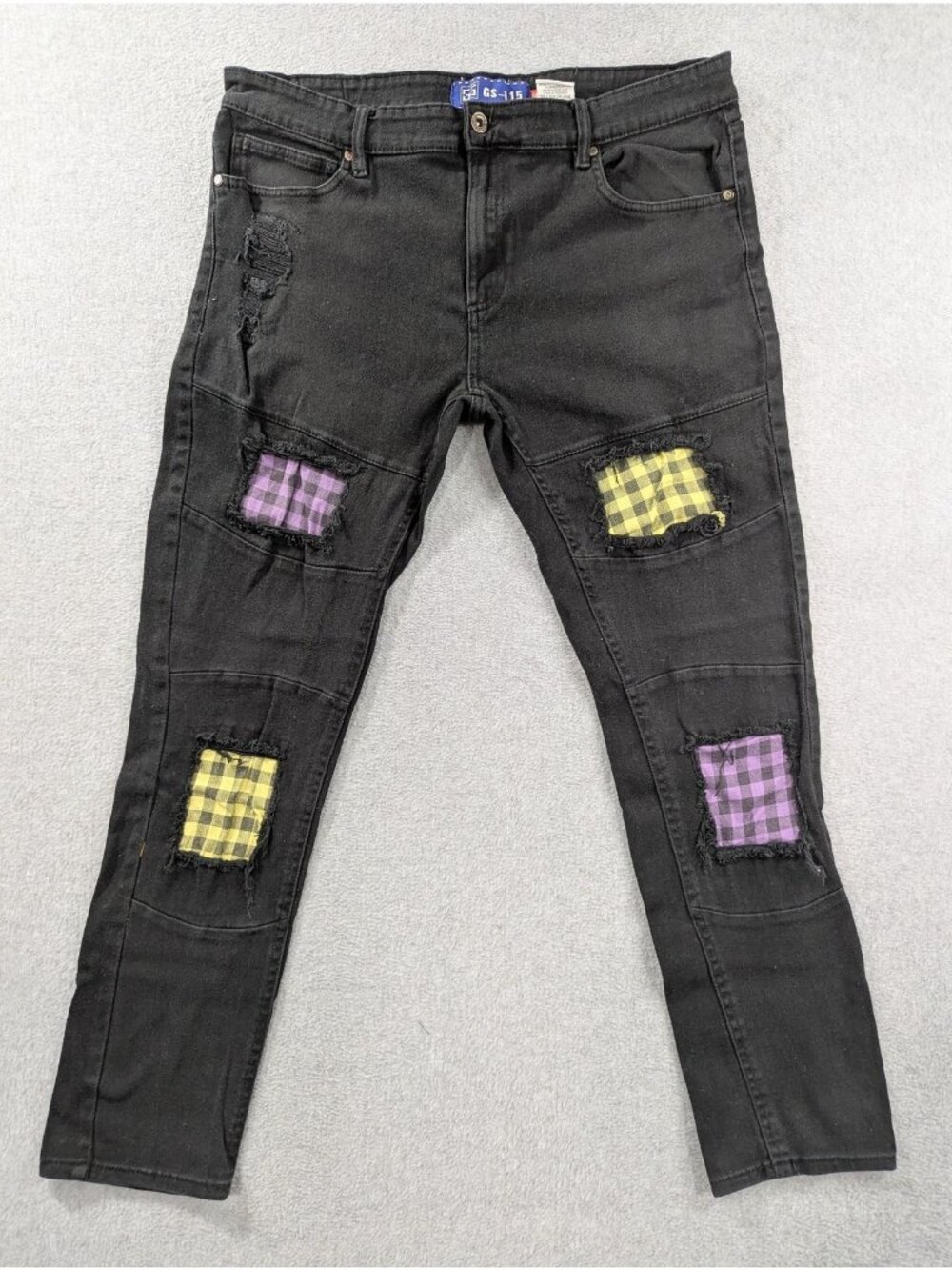 GS-115 Jeans Mens 36x30 Black Dark Wash Skinny Slim Distressed Check Denim